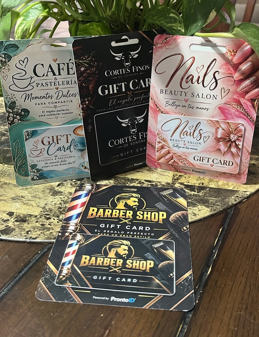 Gift cards impresas por Pronto ID para cafetería, restaurante, salón de uñas y barbería, con empaque para exhibir